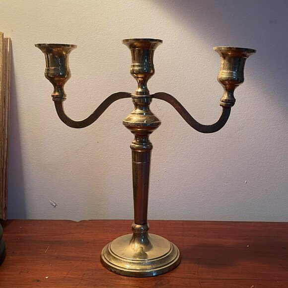 Vintage solid BRASS candelabra central stem and 2 curved arms.RUSTIC. - Picture 1 of 11